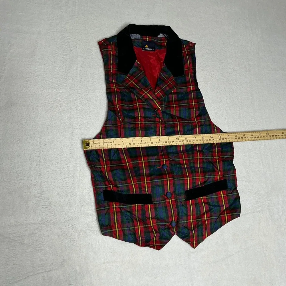 Vintage Lizsport Women's Plaid Vest Velvet Trim Red Green‎ Yellow Blue  Small